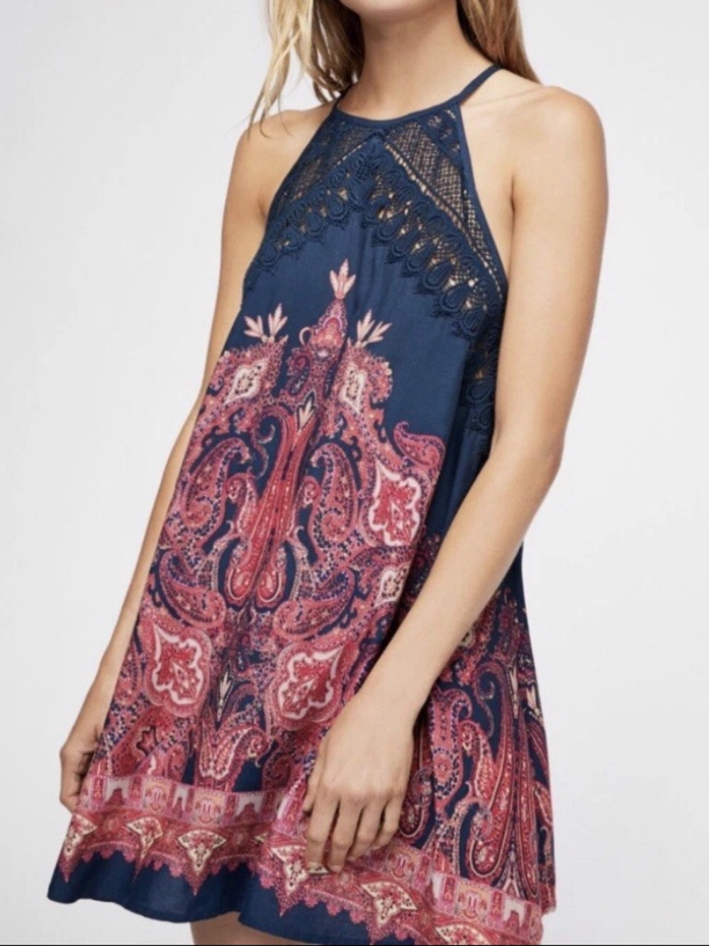 Free People Shea Printed Trapeze Slip Dress Navy Paisley Lace Detail Size Small